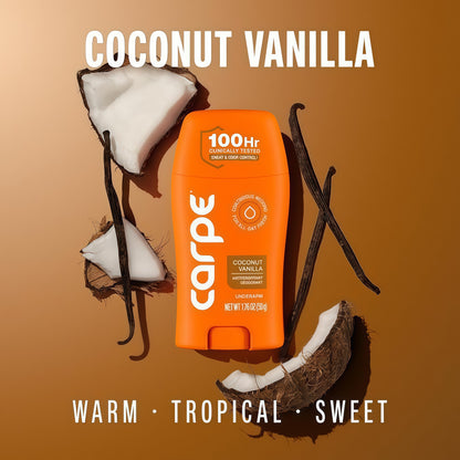 Carpe 100-Hour Antiperspirant Deodorant for Women - Coconut Vanilla Dermatologist Tested - 100 Hr Sweat & Odor Control - Free from Baking Soda & Parabens - Clinical Strength Deodorant